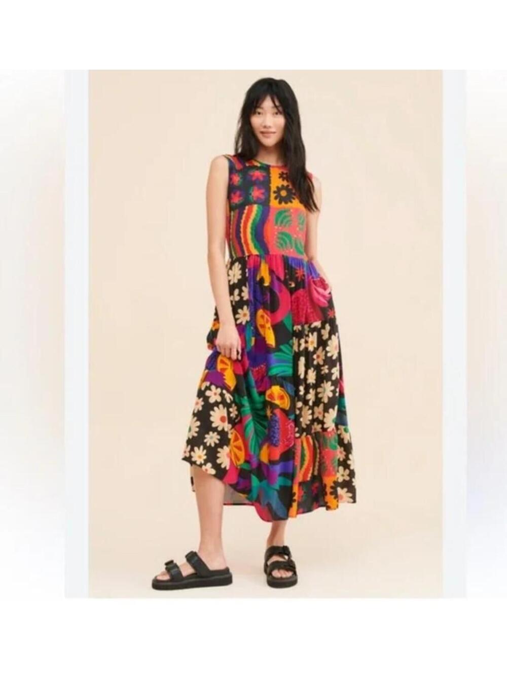 Farm Rio Anthropologie Patchwork Print Dress Sleeveless Midi SIZE M Boho